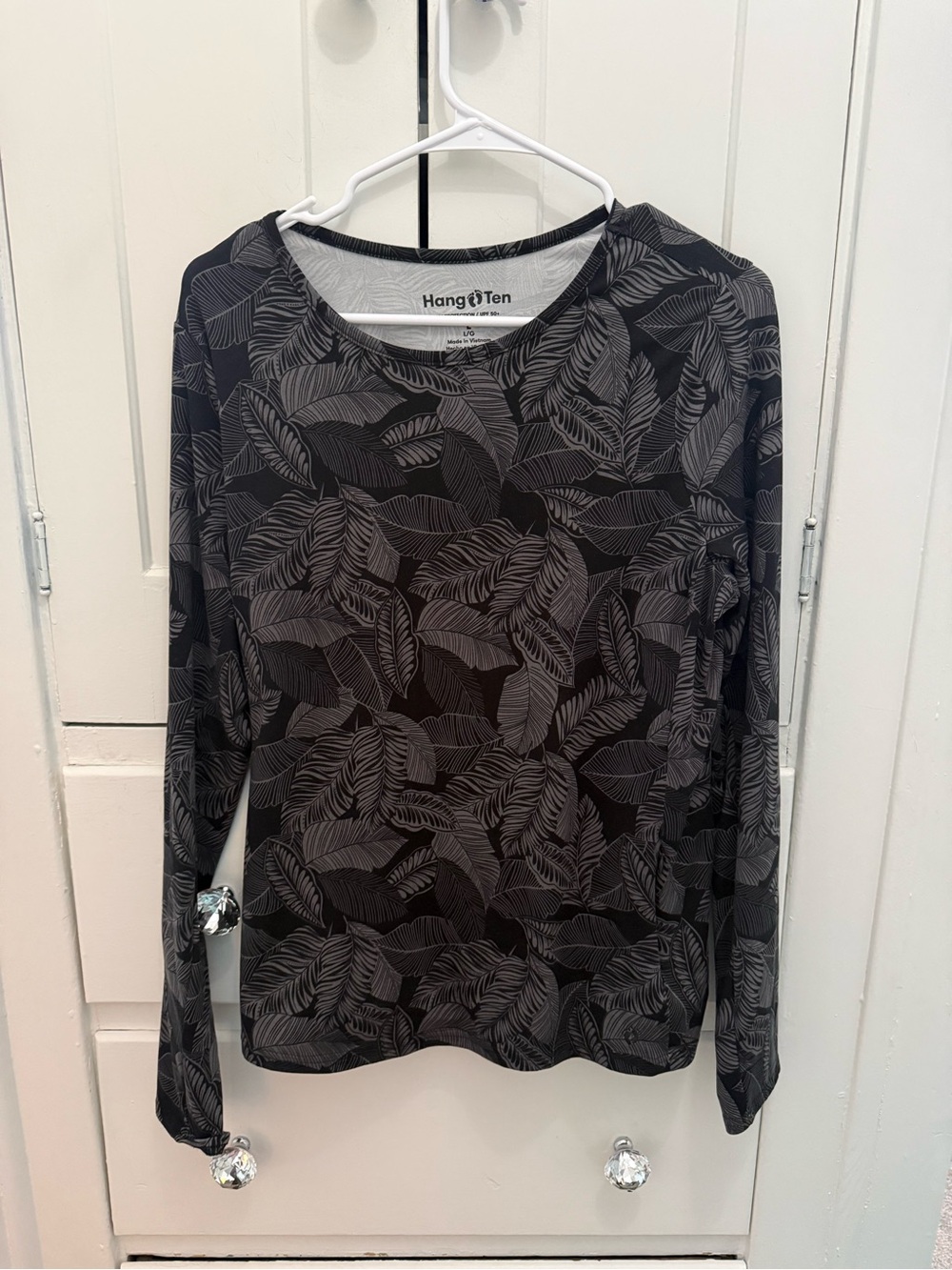 Hang Ten Black Long Sleeve Leaf-Print Top UPF 50+